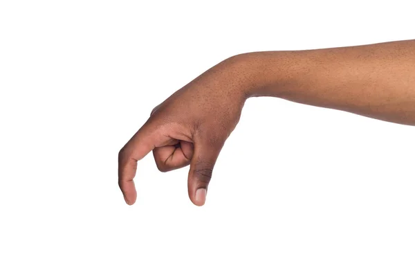 Mão masculina preta medindo algo, recorte, gesto — Fotografia de Stock
