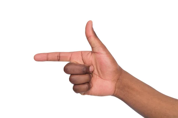 Palm of black man the index finger points forward on isolated white background — Stock Photo, Image