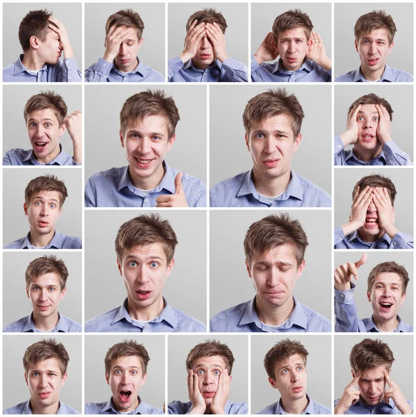 Collage av ung man uttrycka olika känslor — Stockfoto