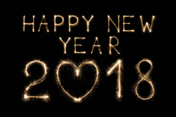 Happy new year 2018 text made from sparklers firework light isolated on black background — Stock Photo, Image