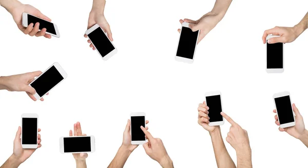 Male hands pointing, holding smartphone — Stock Photo, Image