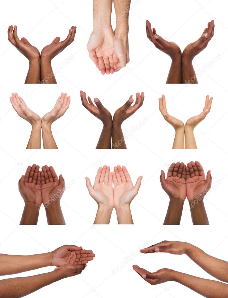 Set of multiethnic hands holding or offering something