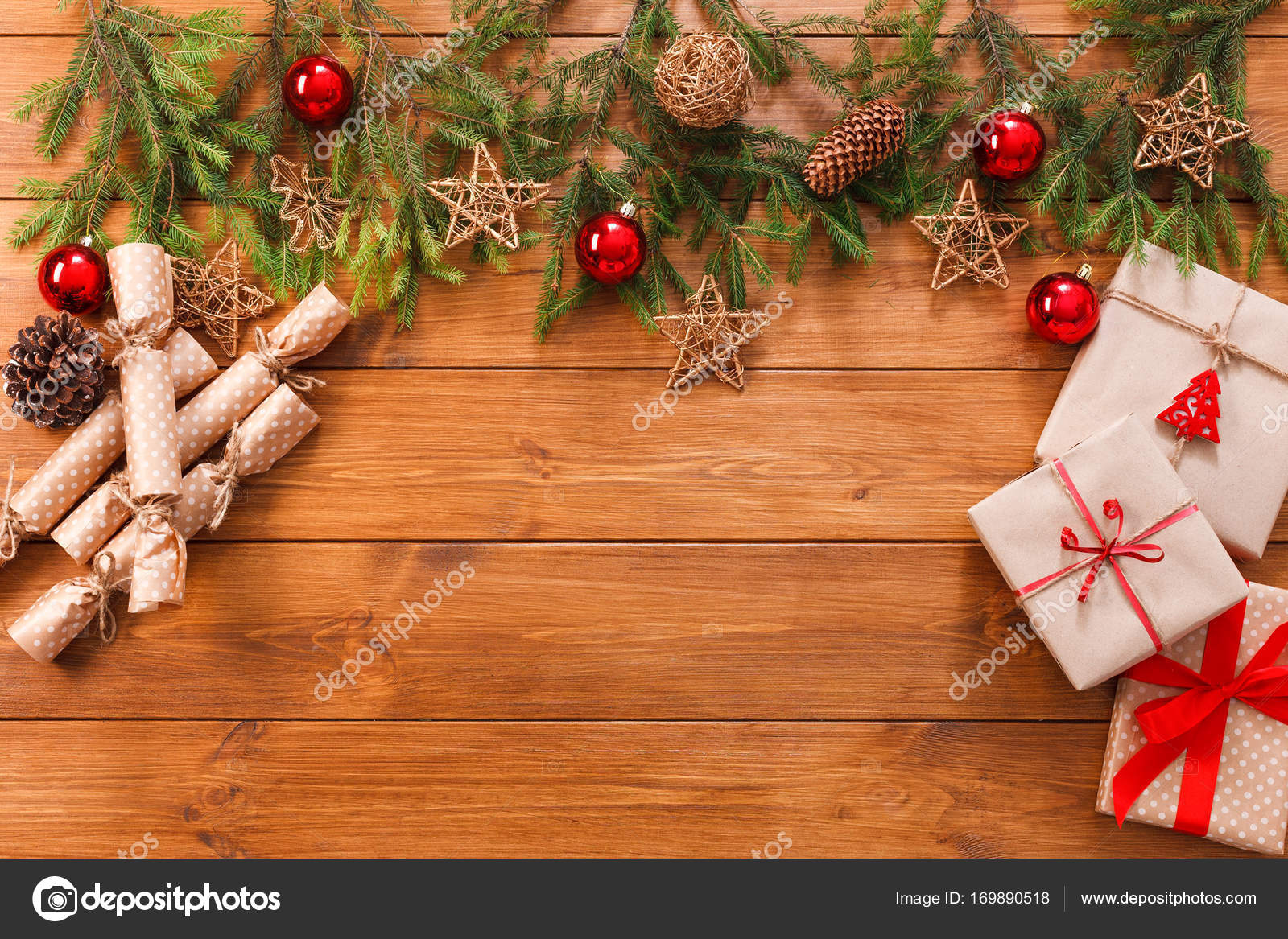 Christmas decoration, gift boxes and garland frame