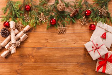 Çelenk çerçeve arka plan christmas dekorasyon ve hediye kutuları