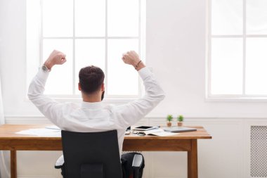 Mutlu başarılı iş adamı ofis, arka yüzüne