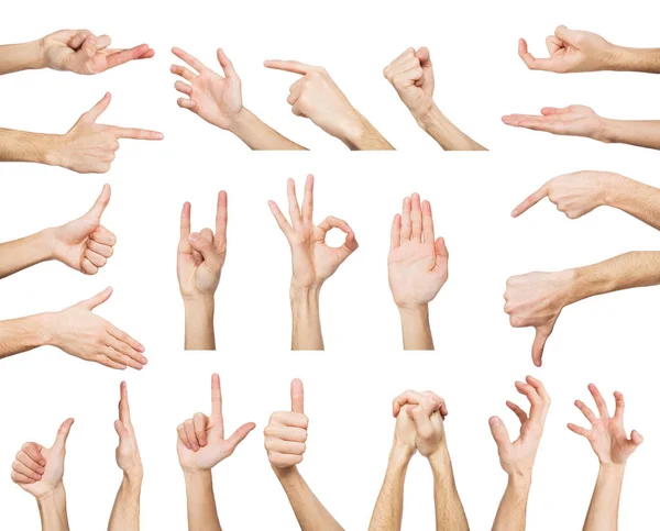 Conjunto de mãos masculinas brancas mostrando símbolos — Fotografia de Stock