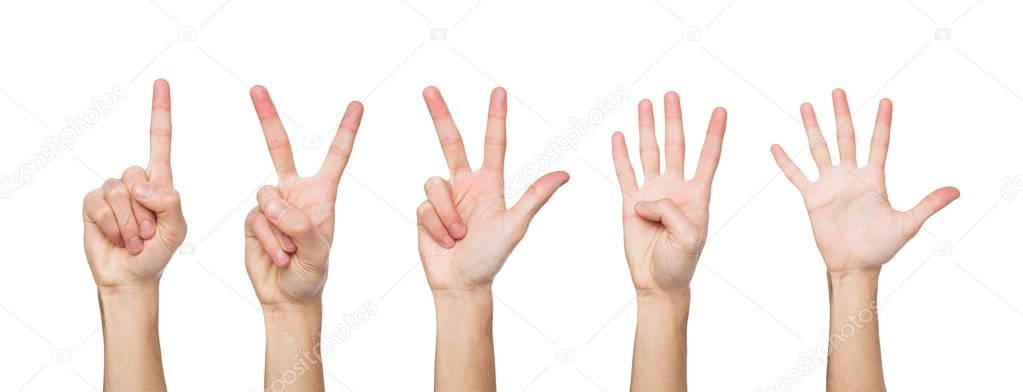 Set of white mans hands. Male hand show figures, counting