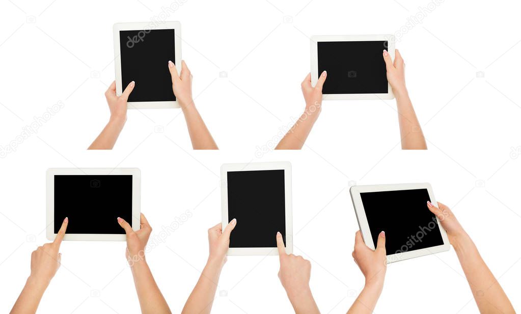 White female hands with tablet.