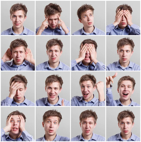 Set of sixteen pictures of young man with different gestures and emotions — Stock Photo, Image