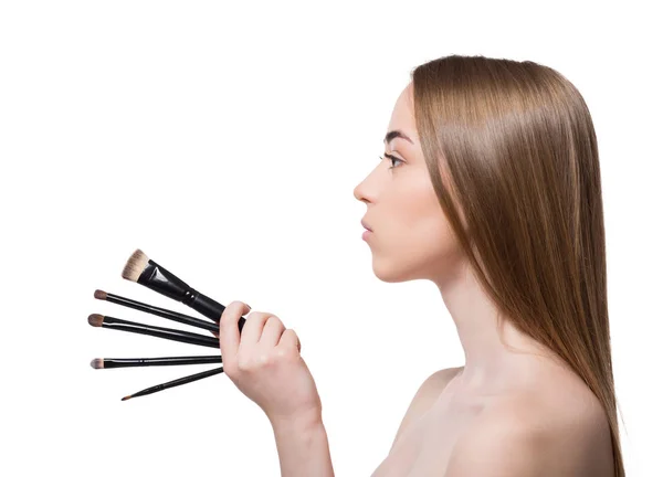 Beauty, cosmetics, woman with makeup brushes — Stock Photo, Image