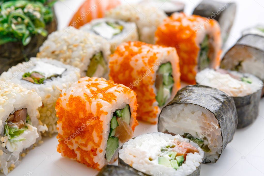 Closeup set of sushi rolls,maki on white background
