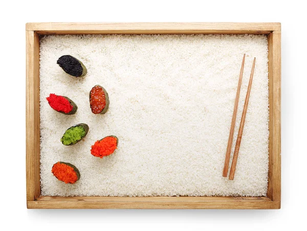 Top view on sushi gunkan on white rice background and texture copy space, isolated — Stock Photo, Image