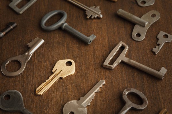 Many different keys on wood