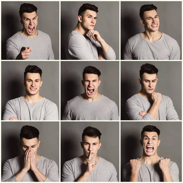 Conjunto de hombre joven diferentes emociones en gris fondo del estudio — Foto de Stock