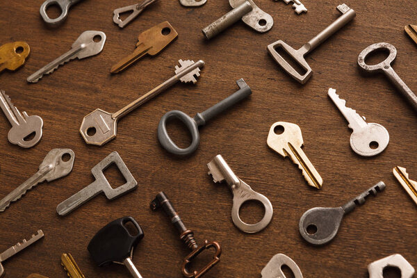 Many different keys on wood