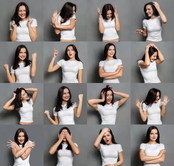 Emoties van jonge vrouw vastgesteldop studio achtergrond — Stockfoto