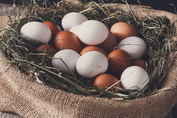 Çuval, organik arka plan tarım taze tavuk kahverengi yumurta