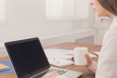 İş kadını boş ekran ile laptop yazarak