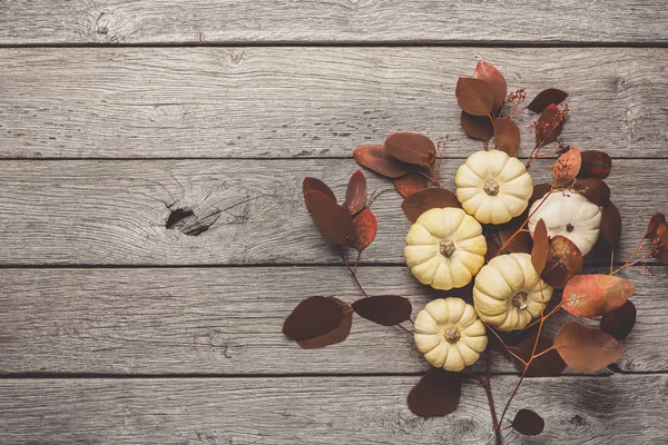 Herbst-Stillleben mit Kürbissen und trockenen Blättern auf Holzrücken — Stockfoto