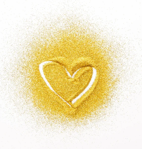 Pittura a sabbia. Cuore glitter dorato su bianco — Foto Stock