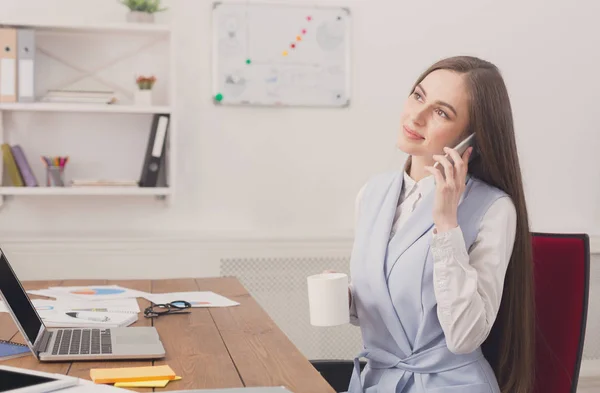 Business talk, woman consulting by phone at office
