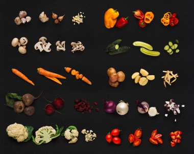 Kolaj izole siyah arka plan üzerine çeşitli sebze