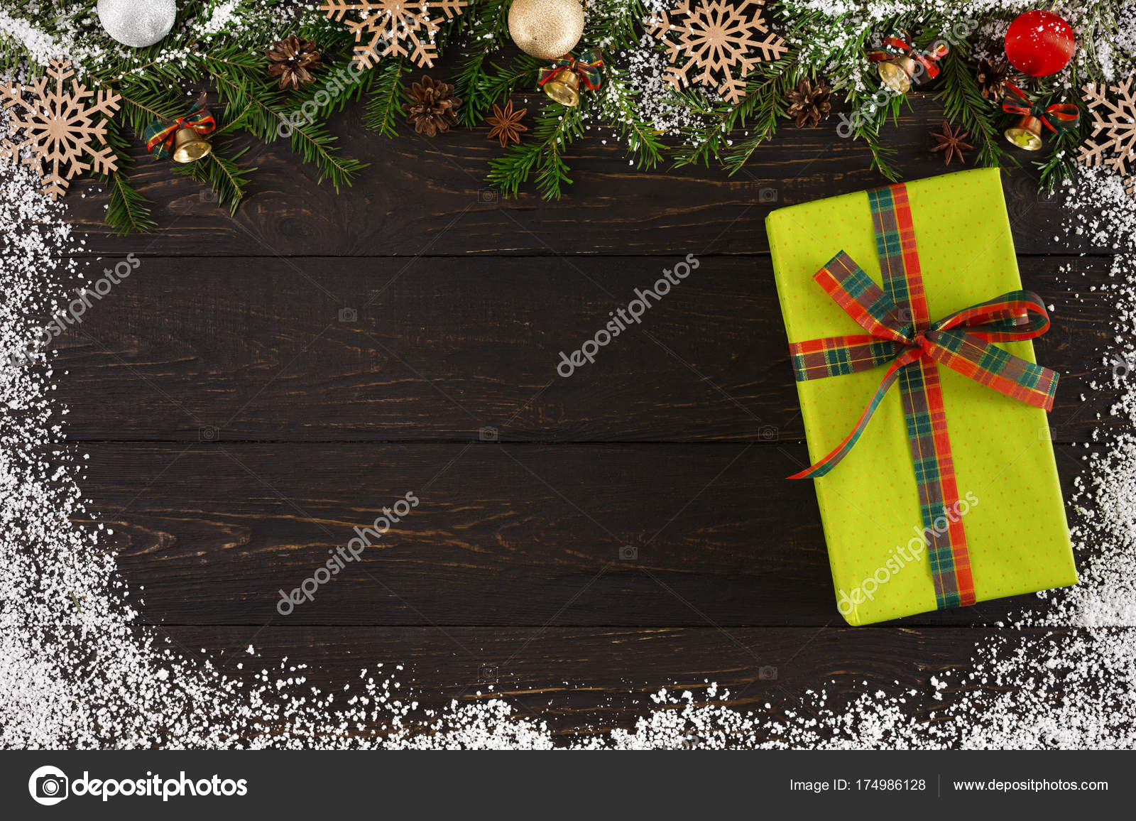 Christmas decoration, gift box and garland frame background