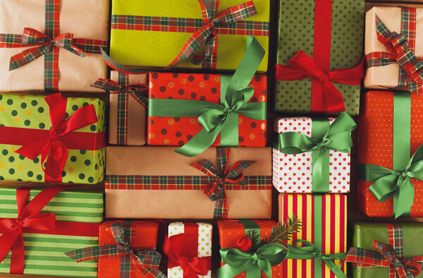 Xmas, new year and other holidays boxes. Crop, closeup