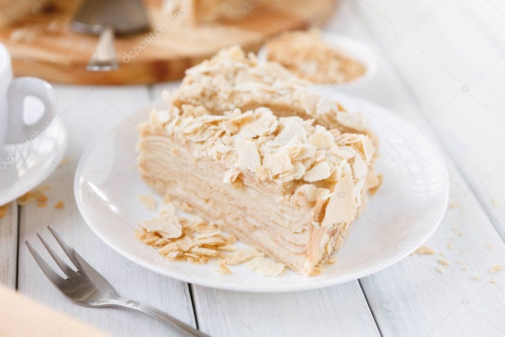 Portion of classic Napoleon cake closeup