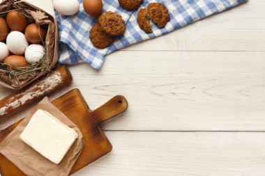 Yulaf ezmeli kurabiye ve ev yapımı hamur işleri arka plan için fırın malzemeleri