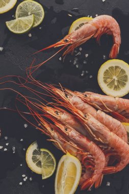 Siyah arka plan üzerine limon ve tuz ile karides