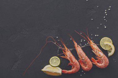 Siyah arka plan üzerine limon ve tuz ile karides
