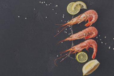 Siyah arka plan üzerine limon ve tuz ile karides