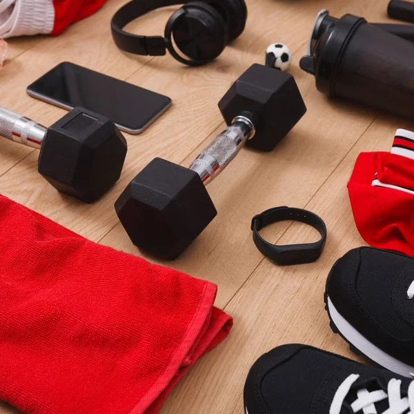 Workout, soccer and sport equipment background — Stock Photo, Image