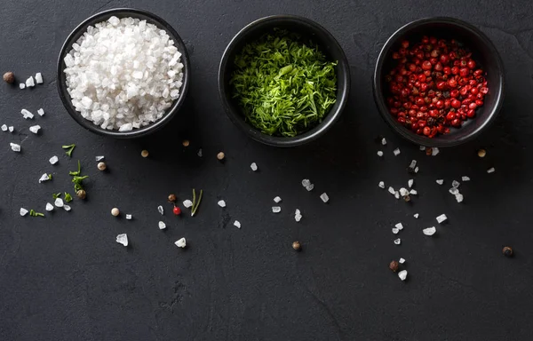 Diverse spices in plates on dark background, closeup, copy space — Stock Photo, Image