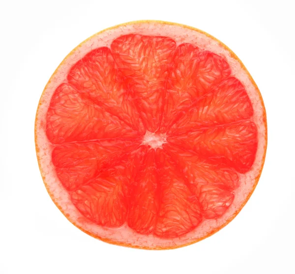 Rote Grapefruitscheibe hinterleuchtet, isoliert auf weiß — Stockfoto