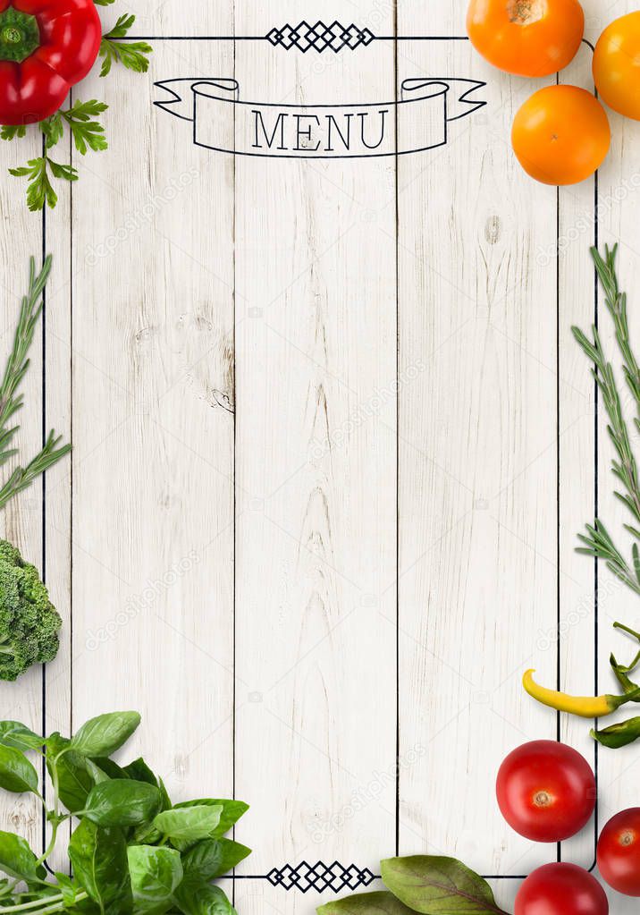 Design concept for restaurant menu mockup. White rustic wooden board with white inscription and vegetables frame, top view, copy space for text and logo