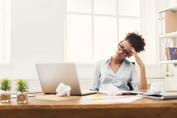 Tired business woman at office copy space — Stock Photo, Image