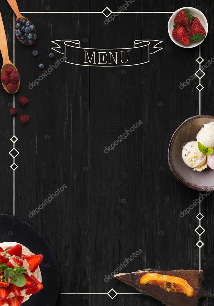 Design concept for restaurant dessert menu mockup. Black rustic wooden board with white inscription and sweet snacks, top view, copy space for text and logo