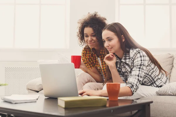 Zwei schöne Frauen mit Laptop zu Hause — Stockfoto