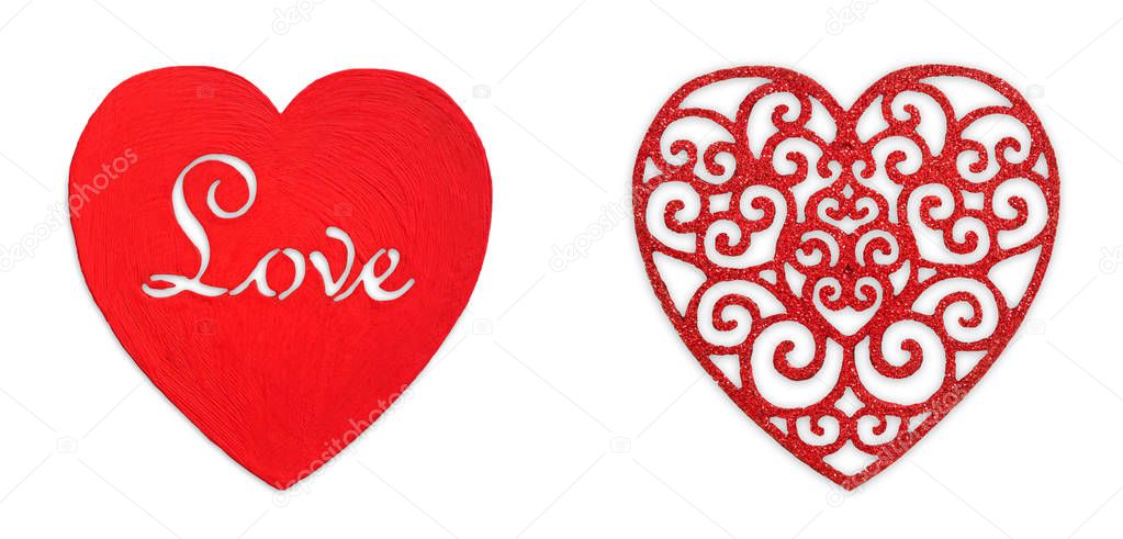 Valentine day background, patterned wooden hearts, text love, isolated