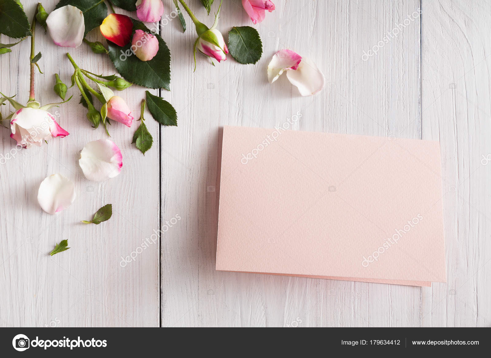 Download Pink Rose Flowers Petals And Handmade Paper Card On White Rustic Wood Stock Photo C Milkos 179634412 PSD Mockup Templates