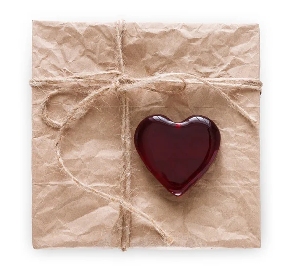 Valentine day handmade present old paper with red heart isolated on white background — Stock Photo, Image