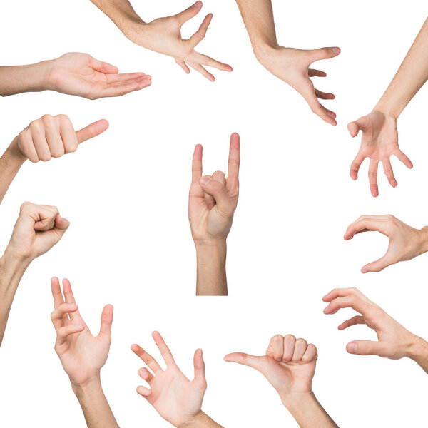 Set of various hand gestures isolated on white