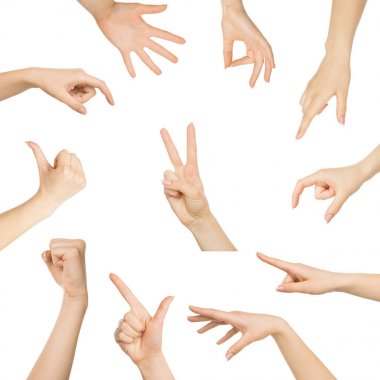 Çeşitli el hareketleri üzerinde beyaz izole kümesi