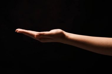 Siyah izole palmiye açık tutan kadın