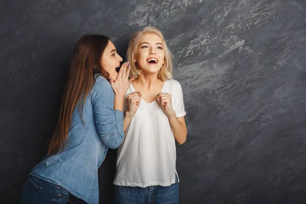 Två kvinnliga vänner att ha kul på studio bakgrund — Stockfoto