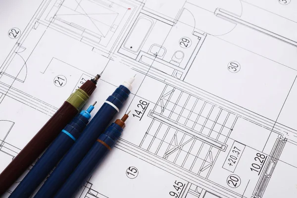 Architecturaal project, Engineering tools op tafel. — Stockfoto
