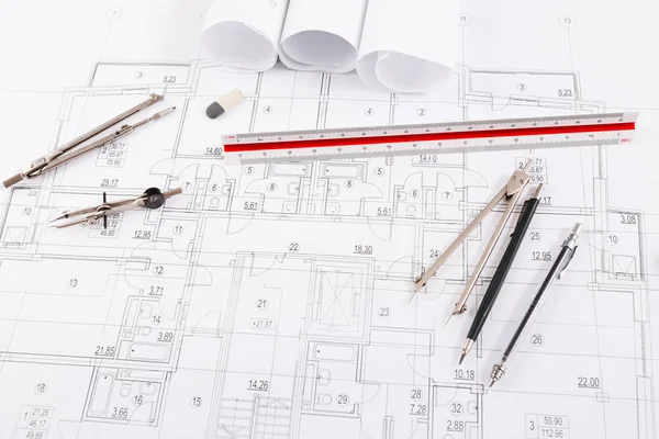 Architecturaal project, Engineering tools op tafel. — Stockfoto