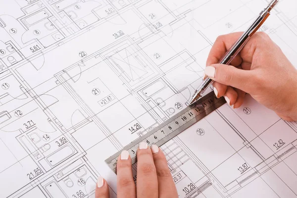 Architect drawing architectural project closeup — Stock Photo, Image